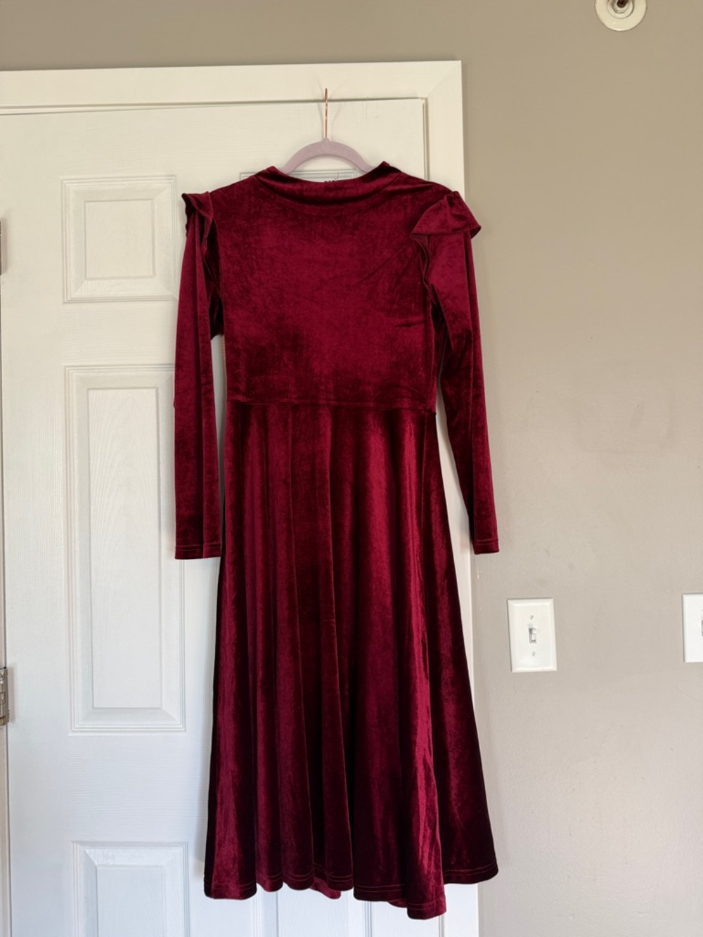 Ivy City Co Burgundy Velvet Ruffle Shoulder Long Sleeve Midi Dress Romantic